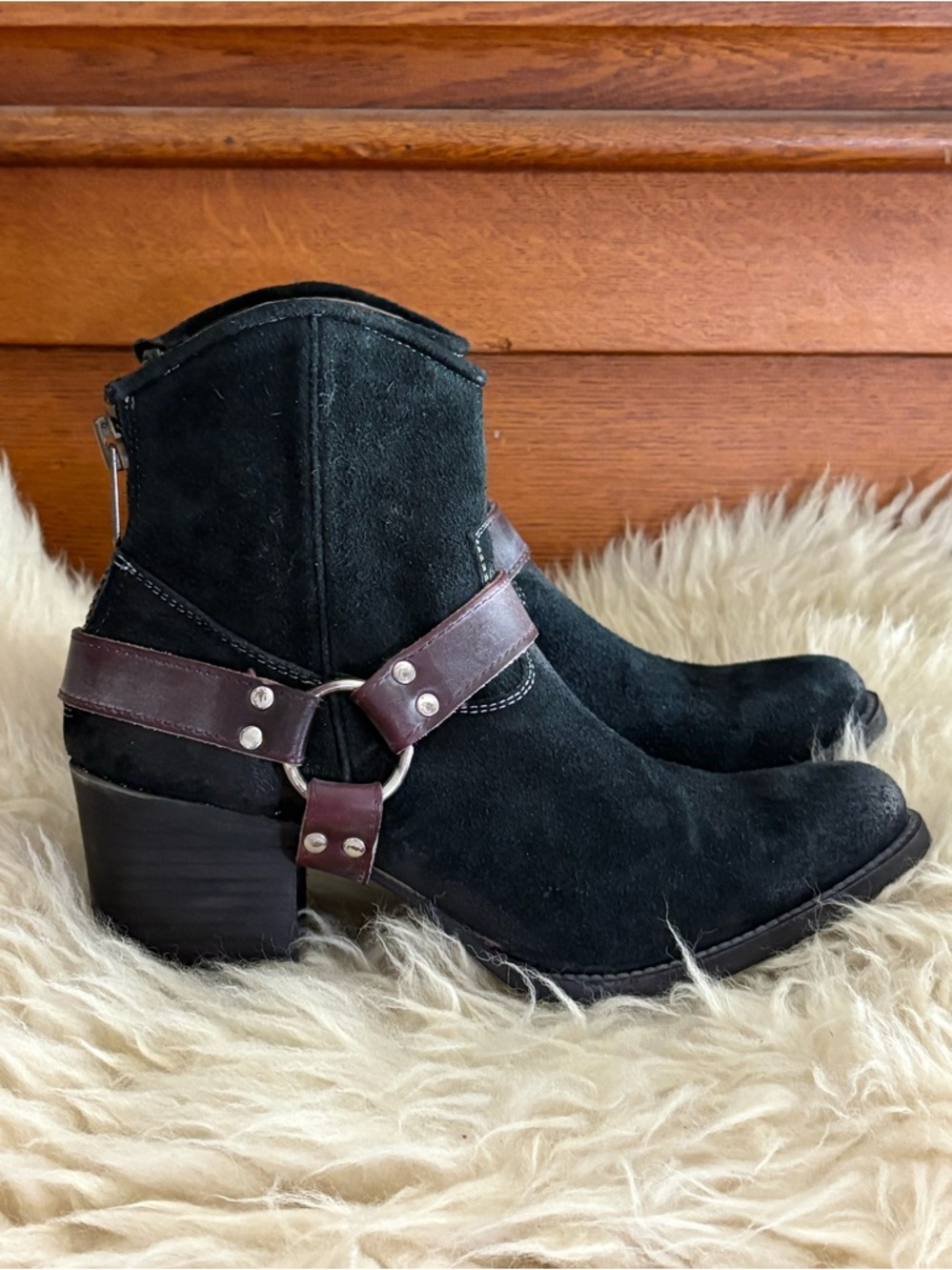 Freebird by Steven Spirit Harness Black Suede Back Zip Western Ankle Boots